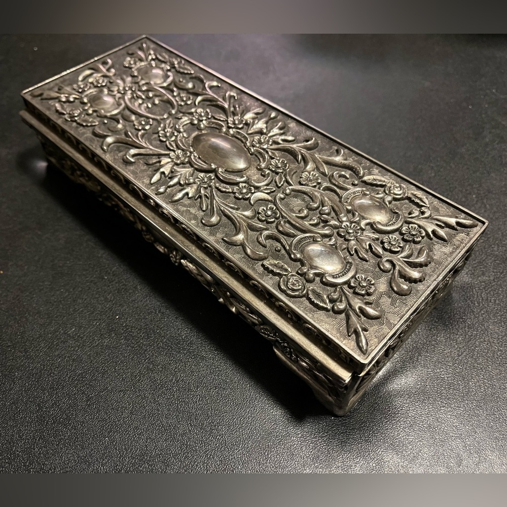 SOLD Silver plated jewelry box vintage ornate trinket box red velvet lined